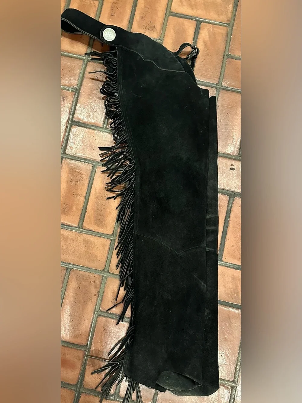 Vtg Women's Barnstable Black Suede Leather Chaps Western Fringe USA Size Medium